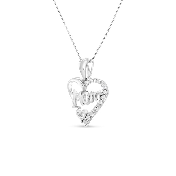 .925 Sterling Silver 1/4 Cttw Round Diamond "Mom" Openwork Heart Pendant 18" Necklace (I-J Color, I2-I3 Clarity)