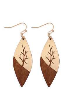 E6835 - Satin Metal Wood Marquise Layered Earrings