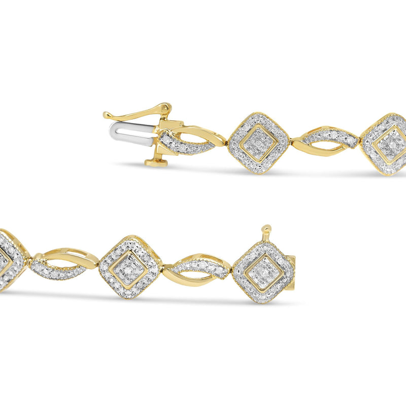 10K Yellow Gold Plated .925 Sterling Silver 1/4 Cttw Diamond Alternating Art Deco Square and Swirl Link 7.25" Bracelet (