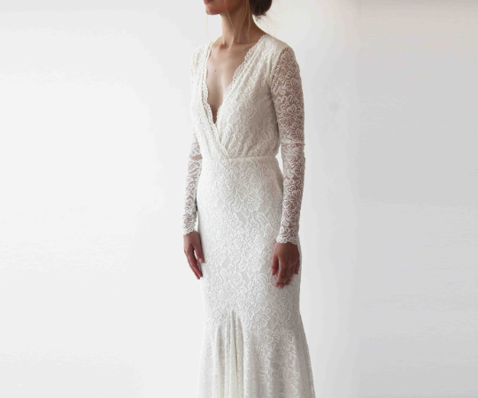 Wrap Mermaid Wedding Dress, Ivory Bohemian Wedding Dress 1255