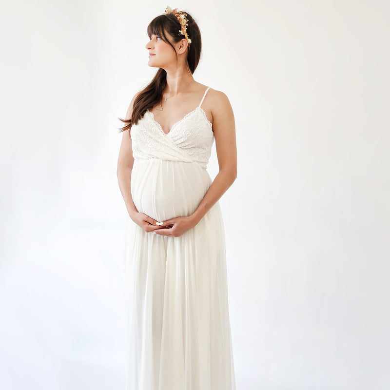 Maternity Ivory Wrap Straps Lace Dress With Chiffon Mesh Skirt  #7015