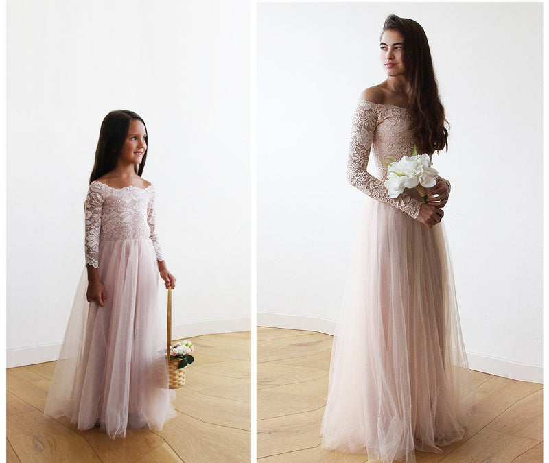 Pink Off-The-Shoulder Lace and Tulle Maxi Flower Girls Gown 5040