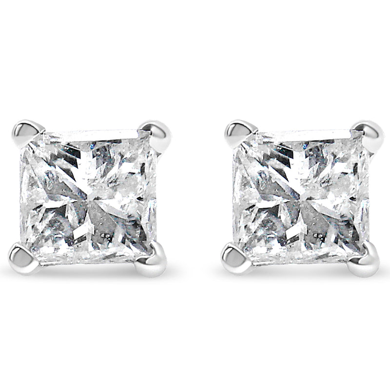 AGS Certified 14k Yellow Gold 1/2 Cttw 4-Prong Set Princess-Cut Solitaire Diamond Push Back Stud Earrings (I-J Color, SI