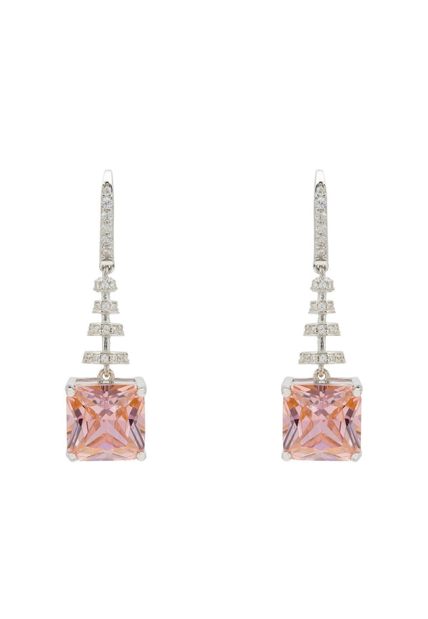 Spiral Square Crystal Drop Earrings Morganite Pink Silver