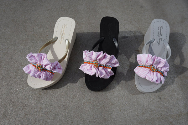 Pink Hudson -Stripe Rhine Stone Embellished Women's High Wedge Flip Flops Sandal