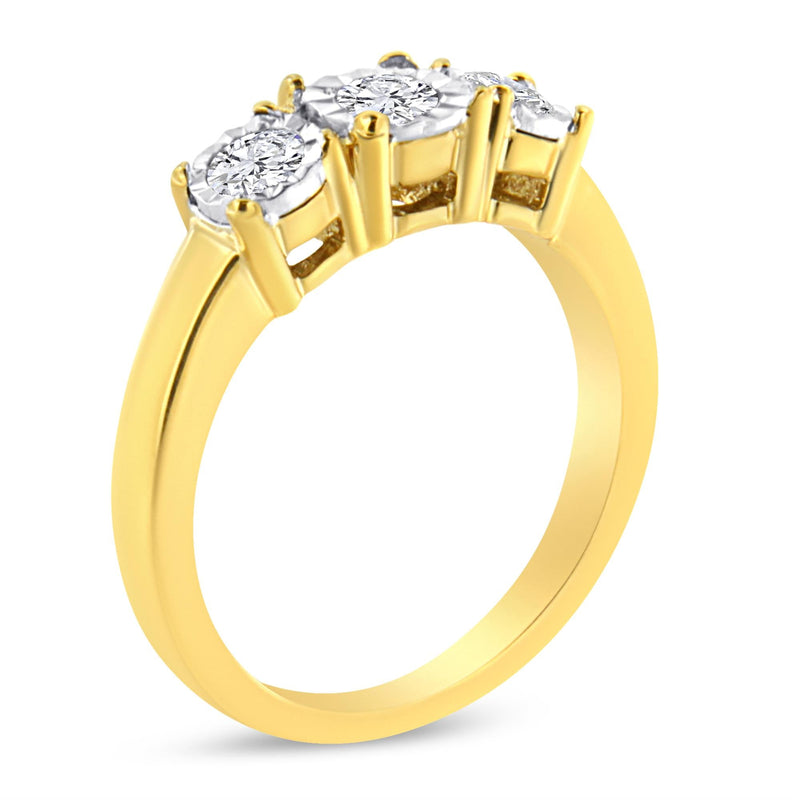 14K Yellow Gold Plated .925 Sterling Silver 1/2 Cttw Diamond Three Stone Illusion Plate Ring (J-K Color, I1-I2 Clarity)