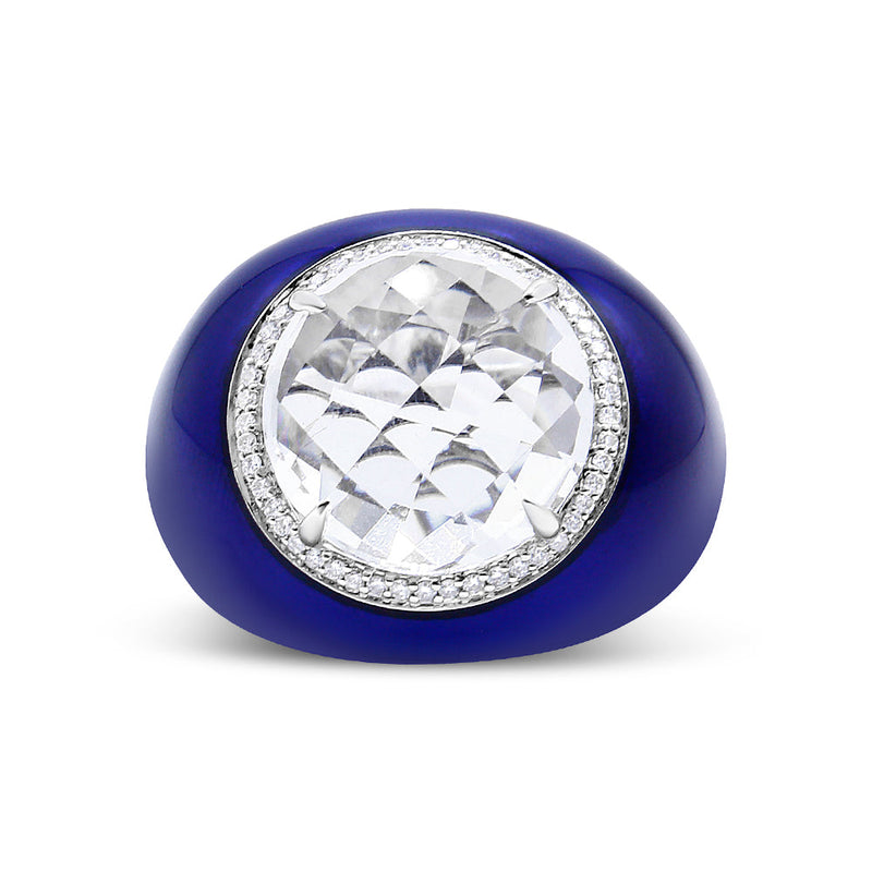 18K White Gold 14mm White Quartz and 1/5 Cttw Diamond Halo With Blue Enamel Dome Ring (F-G Color, VS1-VS2 Clarity) - Rin