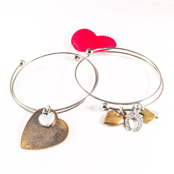 Silver Plated Bangle With Bronze Heart Charms. 2 Styles.
