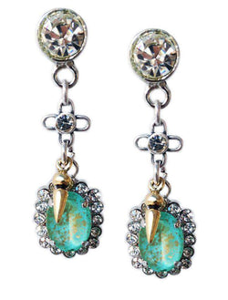 Aqua and Gold Swarovski Crystal Dangle and Drop Earrings With Rhinestones, Rhodium and Antique Silver Plated Brass.