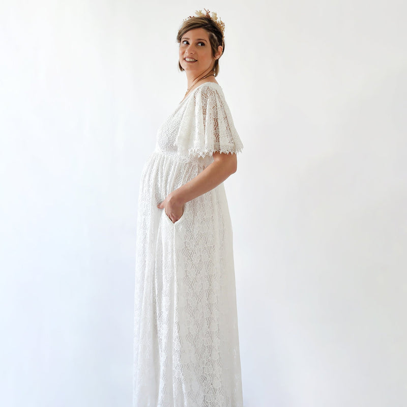 Maternity Ivory Lace Bohemian Wedding Dress With Pockets #7004