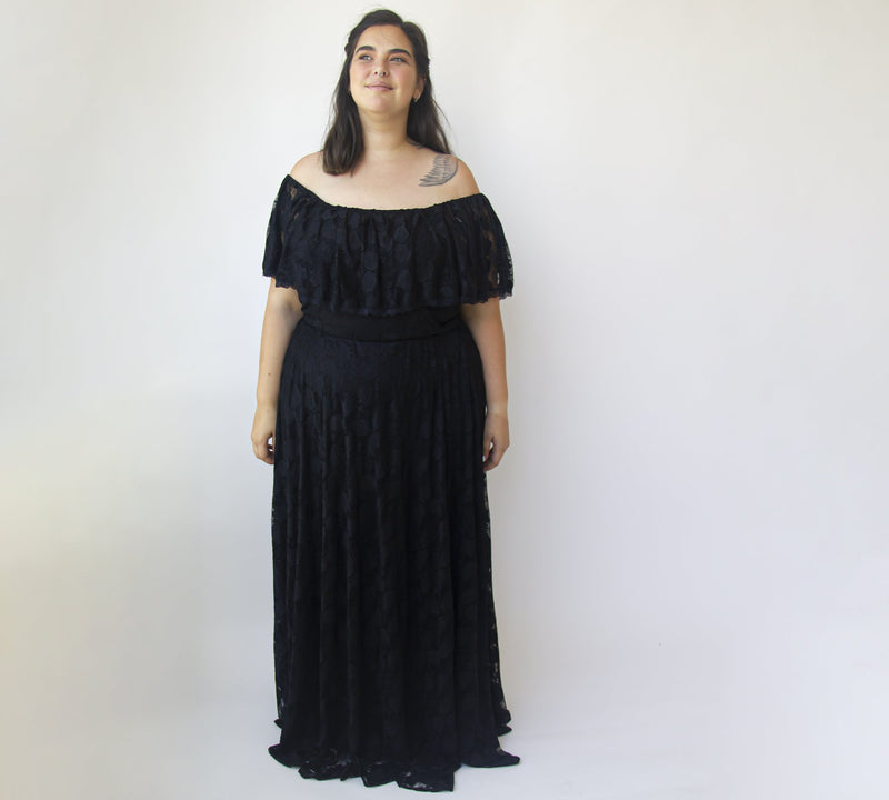 Black Ruffled Crinkle Off-Shoulder Maxi Dress #1338