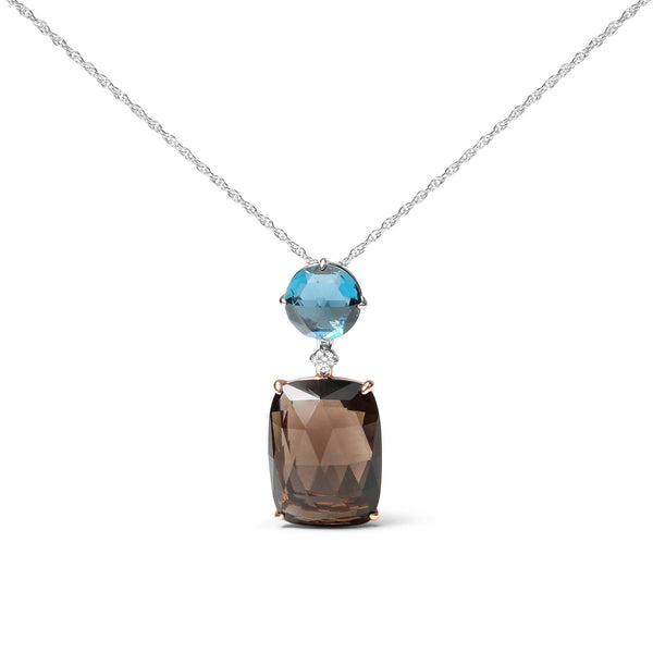 18K Rose and White Gold Diamond Accent and London Blue Topaz and Cushion Cut Smoky Quartz Gemstone Dangle Drop 18" Penda