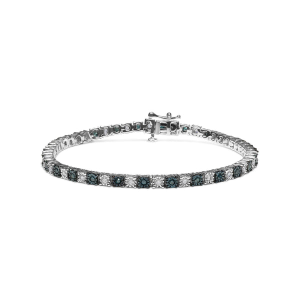 .925 Sterling Silver 1.0 Cttw With Alternating Round White Diamond and Round Treated Blue Diamond Tennis Bracelet (Blue