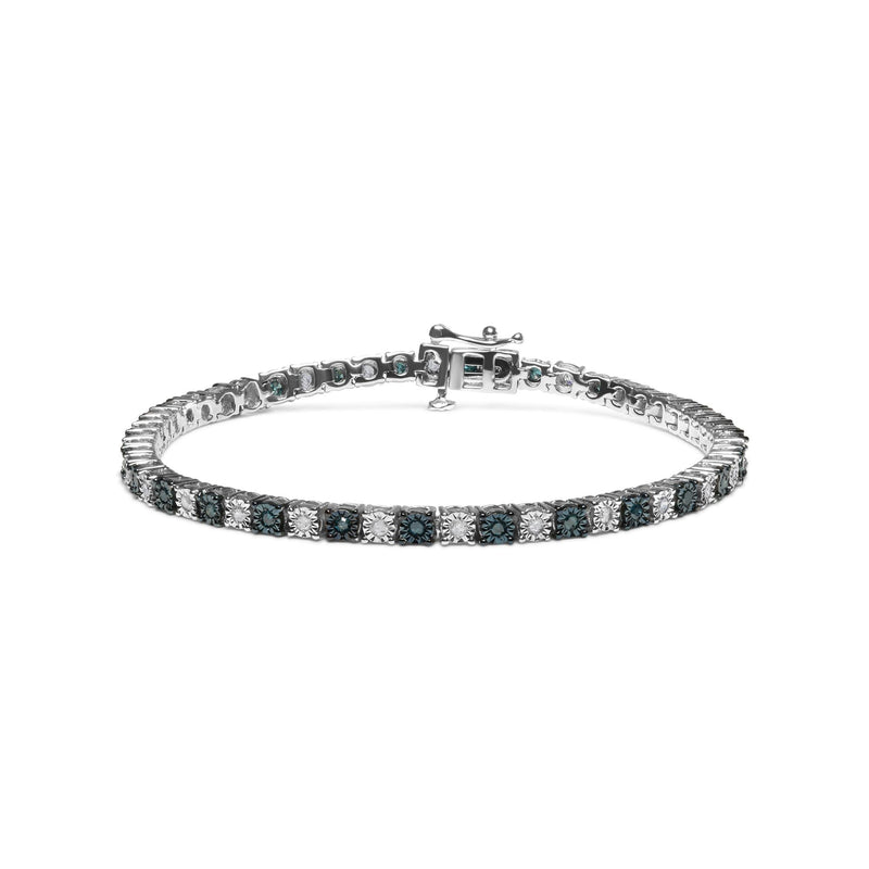 .925 Sterling Silver 1.0 Cttw With Alternating Round White Diamond and Round Treated Blue Diamond Tennis Bracelet (Blue