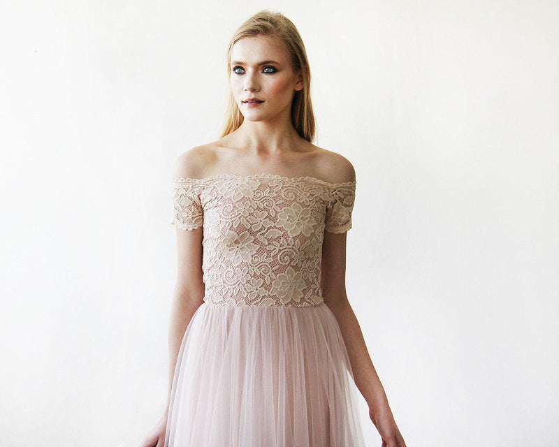 Lace Off-Shoulders Short Sleeves Maxi Blush Tulle Dress 1139