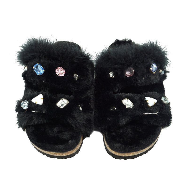 Shearling Fur Slide With Feather and Rhinestones - Black Flat Sandals