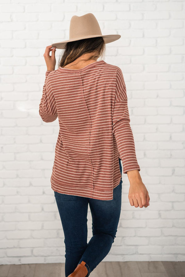 Keep It Casual Ribbed Striped Top- Rust and Ivory