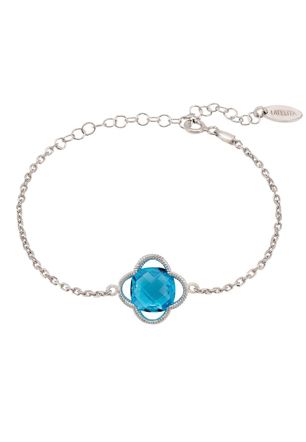 Open Clover Flower Gemstone Bracelet Silver Blue Topaz