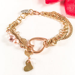 Rose Gold Heart Charm Bracelet With Rose Pearls