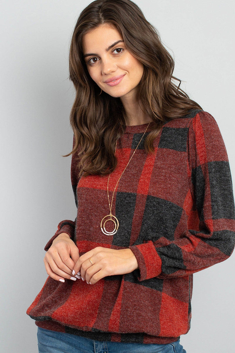 Plaid Round Neck Long Sleeve Top