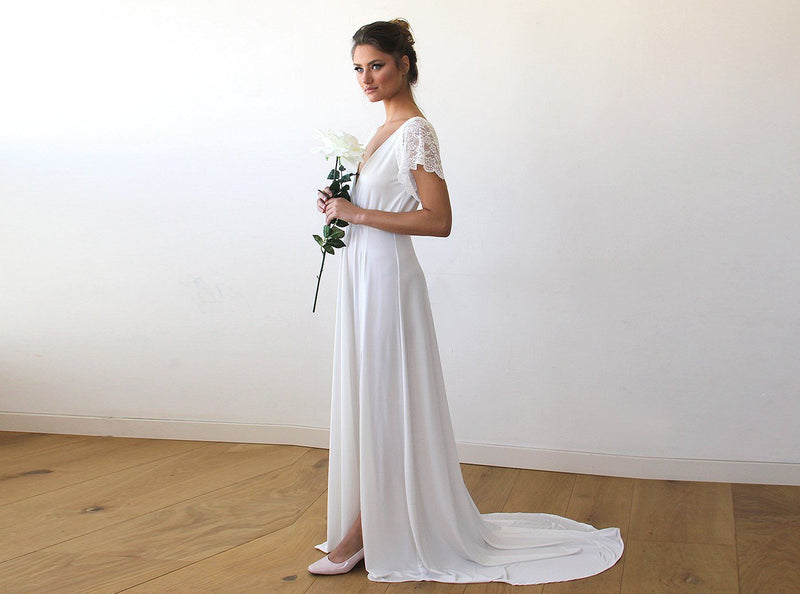 Ivory Wrap Wedding Gown With Short Lace Sleeves and Train 1163