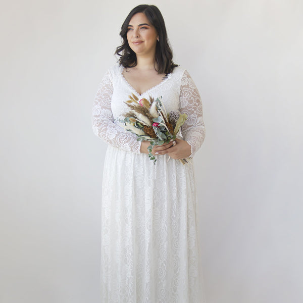 Curvy  Ivory Lace Bohemian , Long Sleeves Wedding Dress #1324