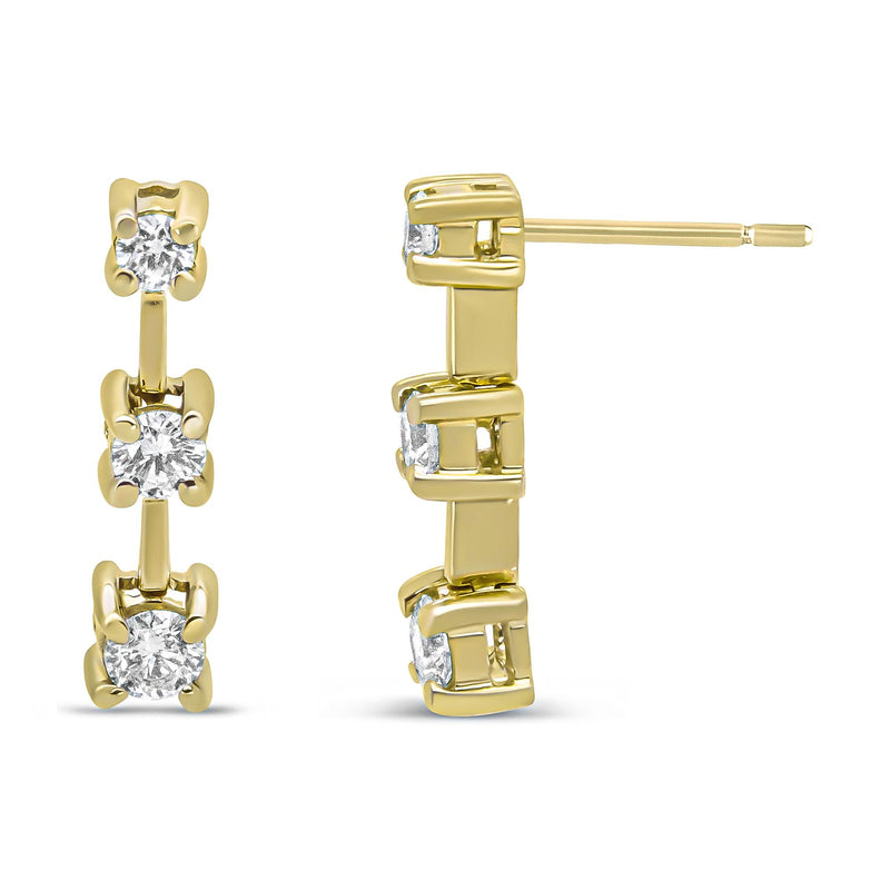 14K Yellow Gold 1/2 Cttw Round Diamond 3 Stone Graduated Linear Drop Past, Present and Future Stud Earrings (H-I Color,