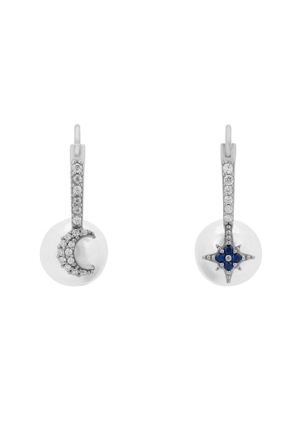 Pearl Moon & Star Earrings Silver