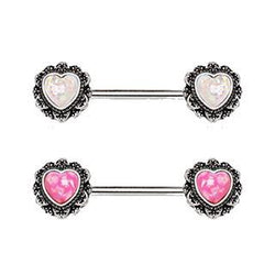 316L Stainless Steel Filigree Synthetic Opal Heart Nipple Bars