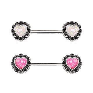 316L Stainless Steel Filigree Synthetic Opal Heart Nipple Bars