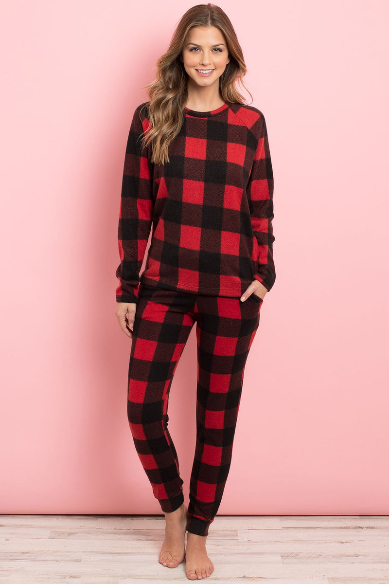 Brushed Plaid Top and Joggers Set With Self Tie