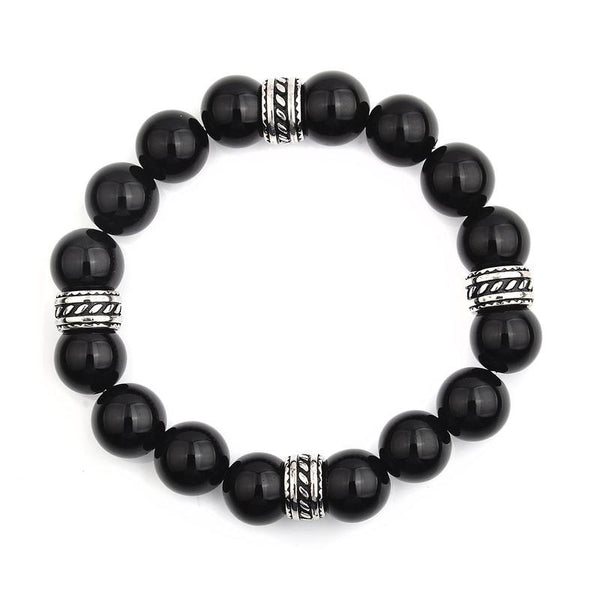 Crucible Stainless Steel Polished Onyx Tribal Beaded Stretch Bracelet (12mm)