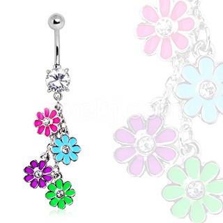 Navel Ring With Multi Color Daisy Dangle