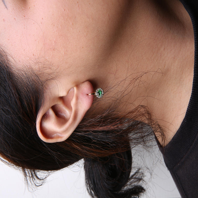 Round Diamonds and Tsavorite Gemstone Halo Drop Hoop Earrings