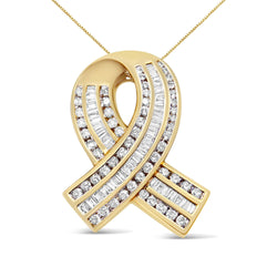 14K Yellow Gold 2 5/8 Cttw Channel Set White Diamond Awareness Ribbon Pendant Necklace (G-H Color, VS1-VS2 Clarity) - NO