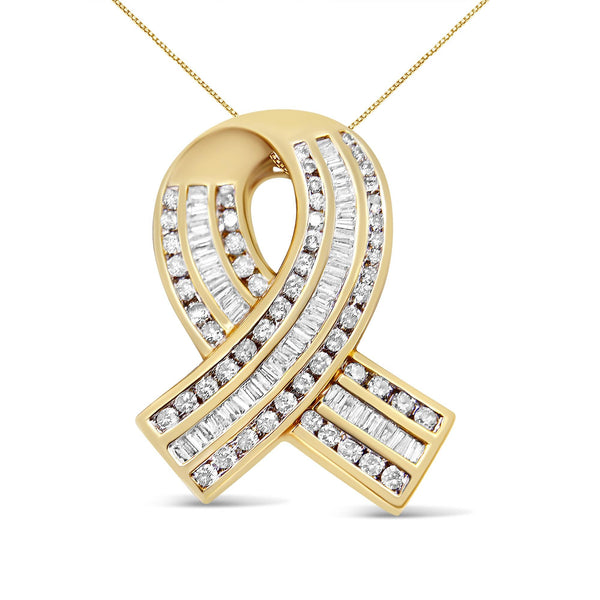 14K Yellow Gold 2 5/8 Cttw Channel Set White Diamond Awareness Ribbon Pendant Necklace (G-H Color, VS1-VS2 Clarity) - NO
