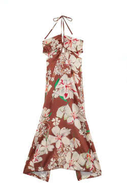 Paola Floral Satin Silk Backless Midi Dress