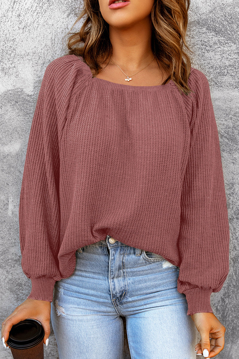 Hallie Square Neck Puff Sleeve Waffle Knit Top
