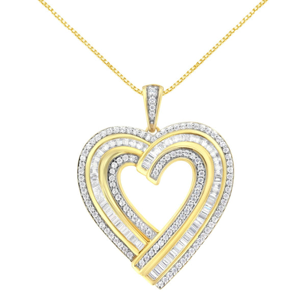 14K Yellow Gold Plated .925 Sterling Silver 1 3/8 Cttw Baguette Diamond Composite Heart 18" Inch Pendant (I-J Color, I1-