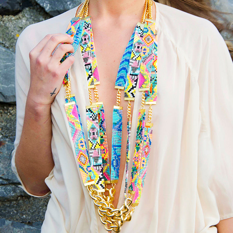 Sea Candy Long Woven Beaded Necklace - Pastel