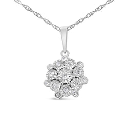 .925 Sterling Silver 1/4 Cttw Diamond Floral Cluster Pendant Necklace