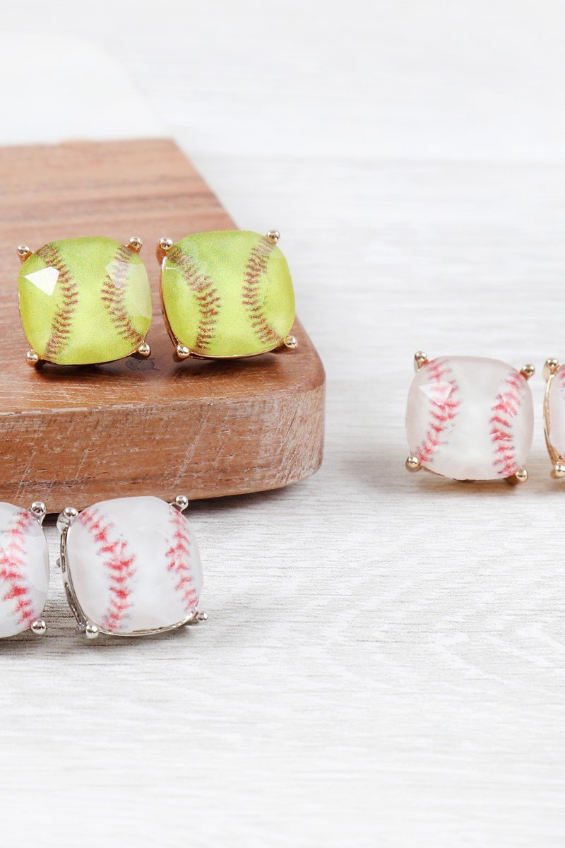 Sports Cushion Cut Softball Stud Earrings