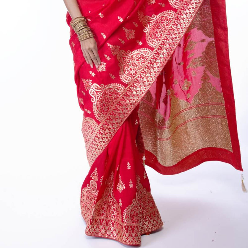 Red Banarasi Silk Saree With Gold Gota Patti Print