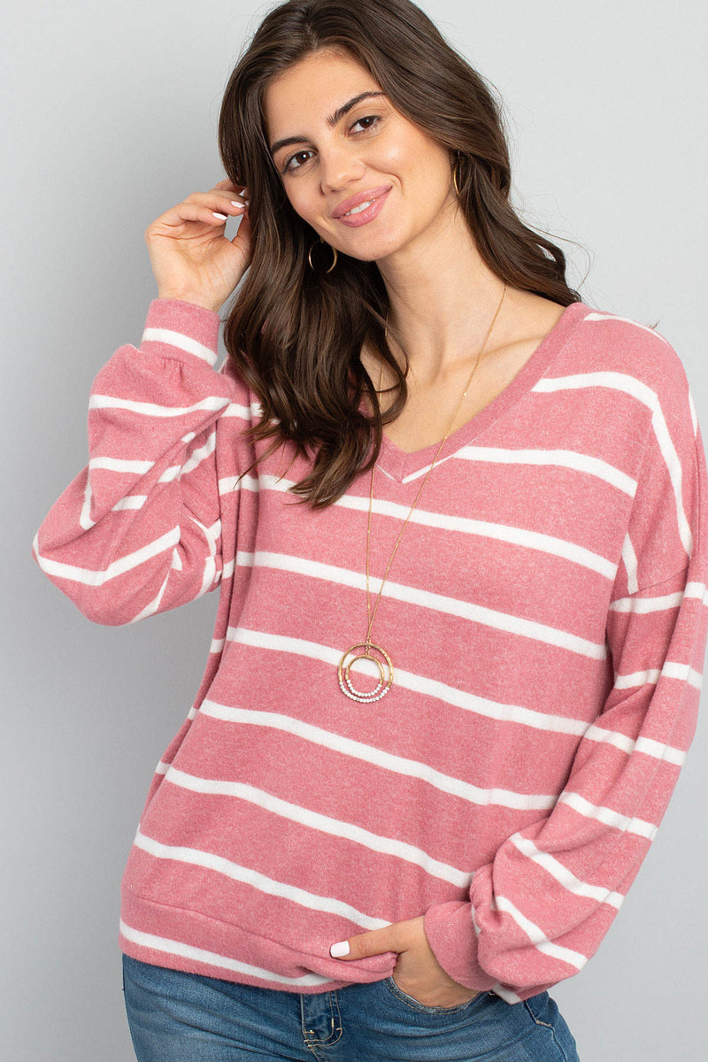 Oversized Puff Sleeved V-Neck Striped Top