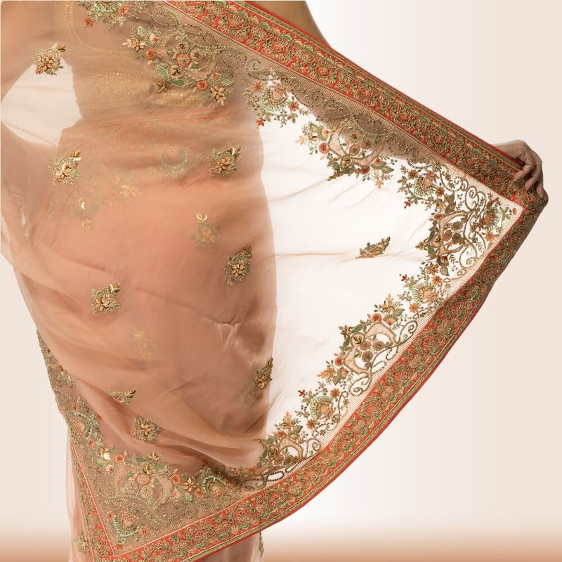 Organza Sari With Hand Embroidery - Biege