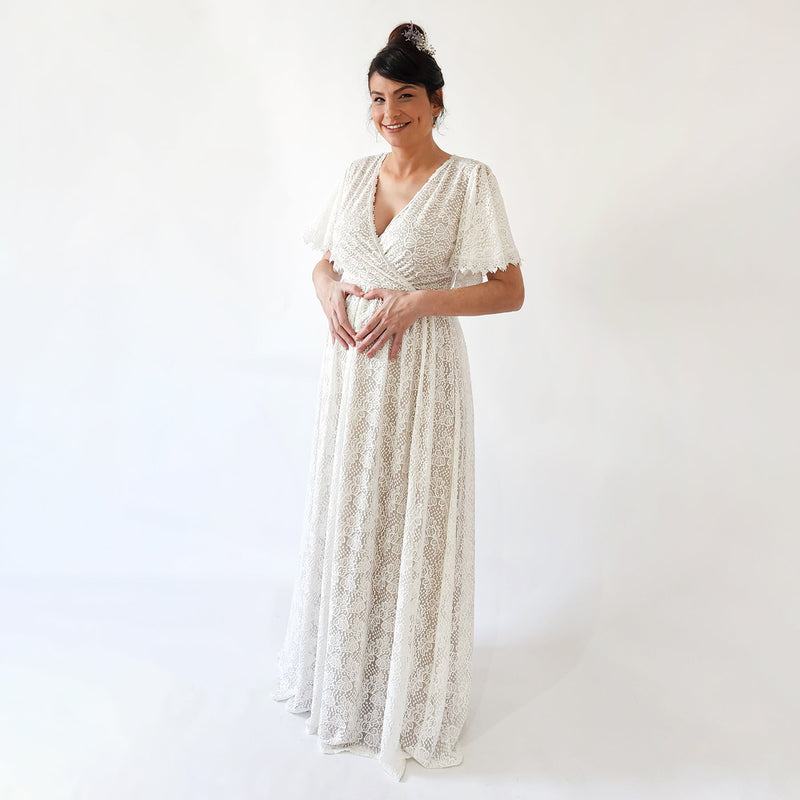 Maternity Ivory Pearl Lace Bohemian Wedding Dress With Pockets #7016