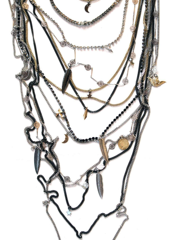 Multi Chain Statement Necklace With Swarovski Crystals and Charms.