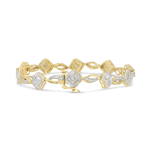 10K Yellow Gold Plated .925 Sterling Silver 1/4 Cttw Diamond Alternating Art Deco Square and Swirl Link 7.25" Bracelet (