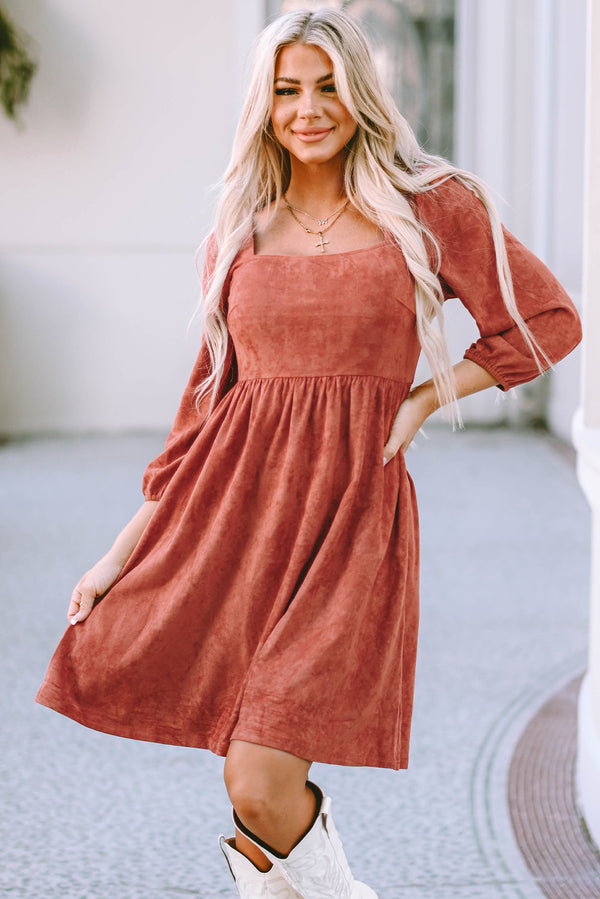 Kaylee Suede Square Neck Puff Sleeve Dress