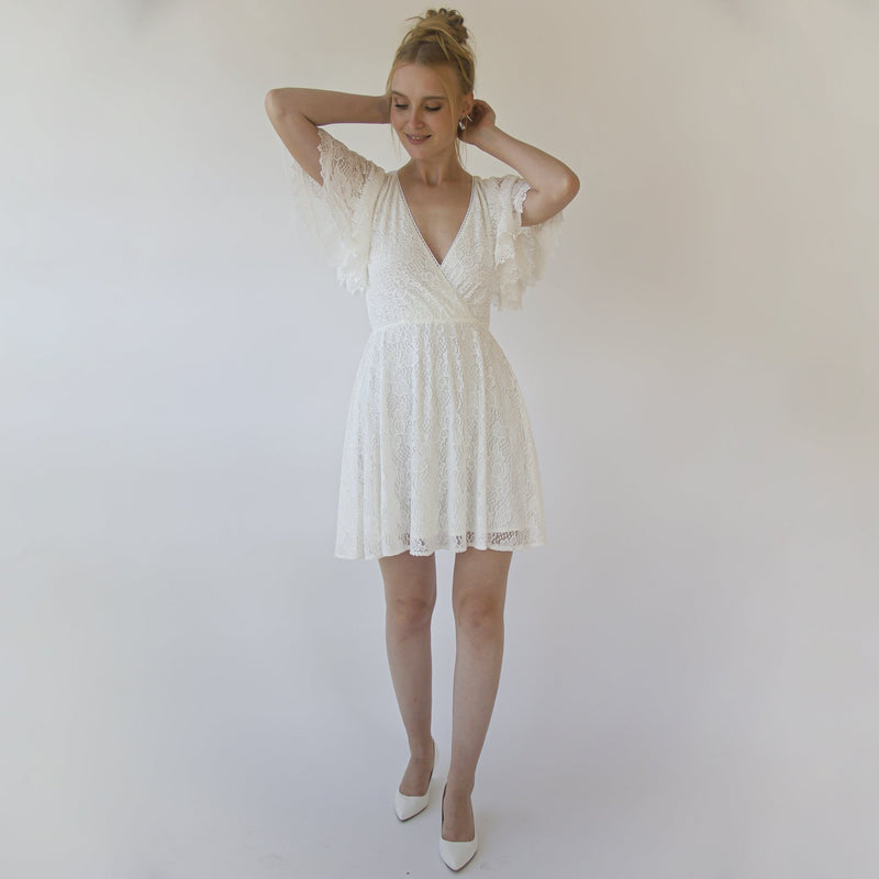 Short Lace Bohemian Wedding Dress ,Mini Wedding Dress #1372
